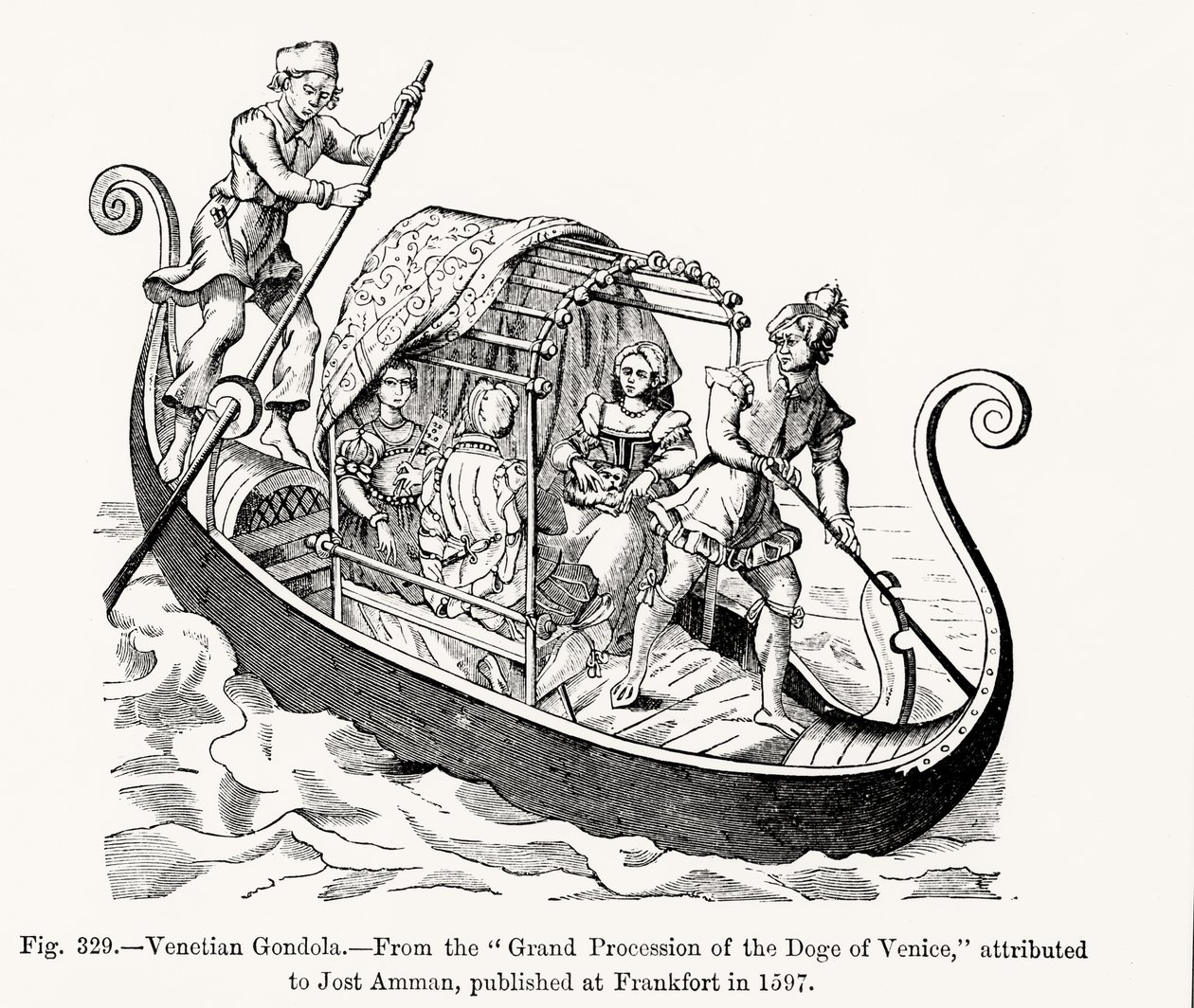 Benátská gondola, z Velkého průvodu benátského dóžete, ilustrace z Vědy a literatury ve středověku a renesanci, napsal a vyryl Paul Lacroix, 1878 ( od Jost (after) Amman