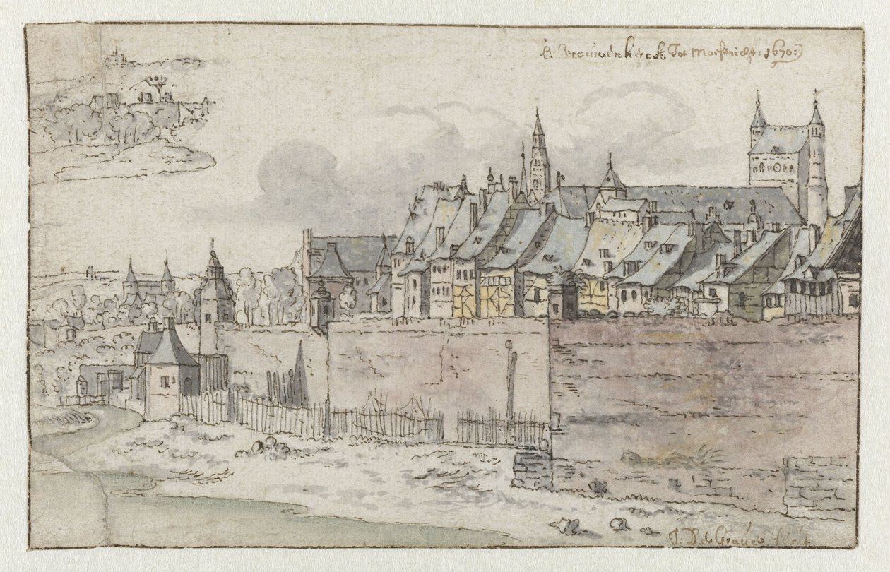 Pohled na Maastrichtské hradby s Onze-Lieve-Vrouwekerk v pozadí od Josua de Grave