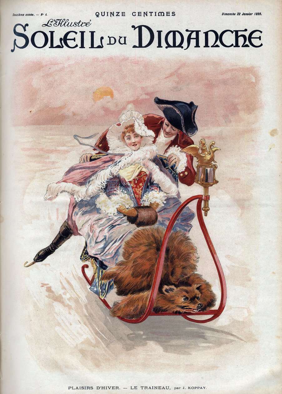 Zimní radovánky: sáně. Elegantní pár v sáňkování a bruslení klouže po sněhu. Podle J. Koppaye. Rytina v „“Le sun-du-dimanche“, 22. ledna od Joszi Arpad Koppay