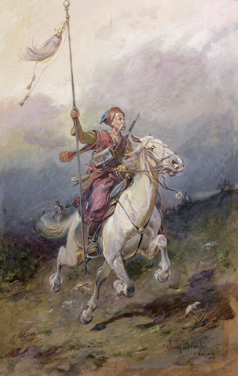 Pathfinder, polský jezdec ze sedmnáctého století na bílém nabíječi od Jozef Brandt