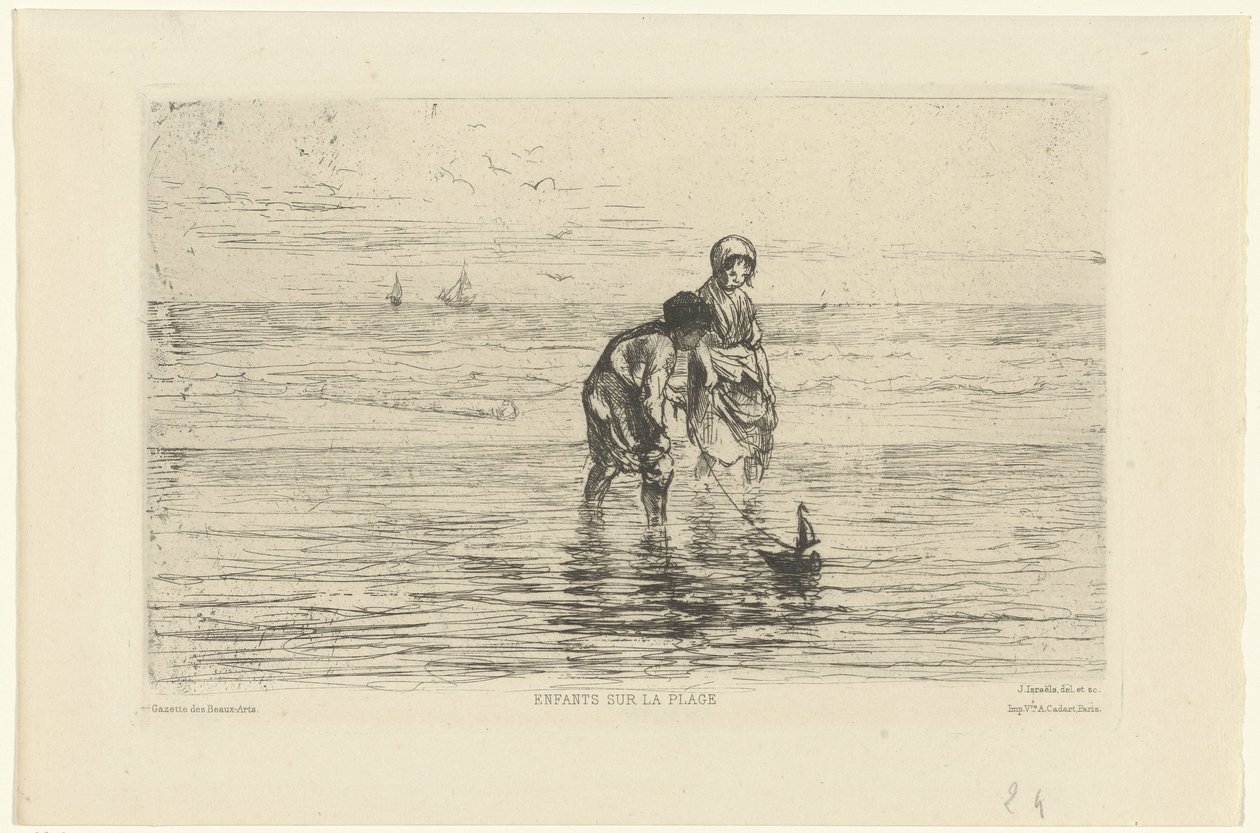 Děti si hrají s lodí na pláži Enfants sur la plage (název na objektu) od Jozef Israëls