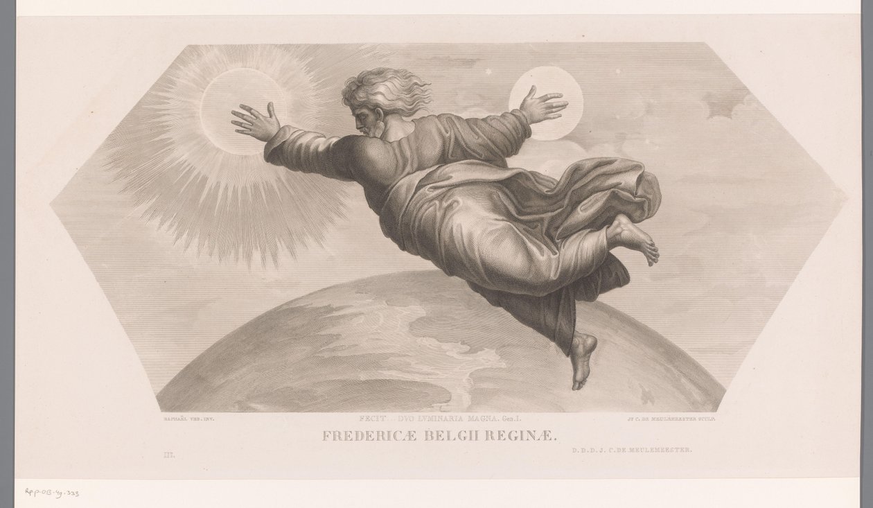 Bůh tvoří slunce a měsíc Fecit duo luminaria magna. gen. I. Fredericae Belgii reginae (název na předmětu) Les loges de Raphaël (...) sujets de la bible (název série) Biblické scény z Raphaelových lóží (název série) od Jozef Karel De Meulemeester