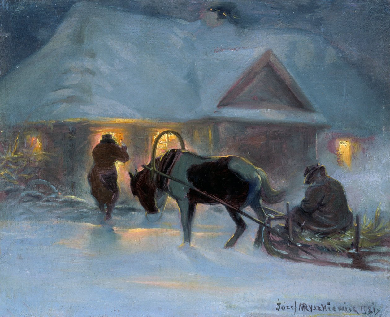 Zimní večer před venkovským domem, 1921, od Jozef Ryszkiewicz