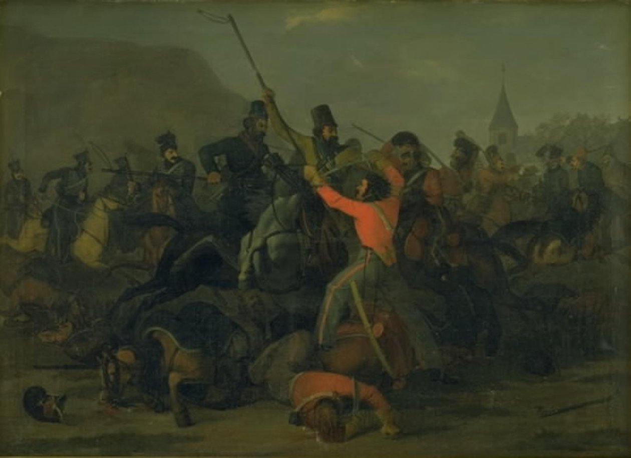 Pád plukovníka Bonckeho Bönnichsena 6. prosince 1813 během souboje mezi jutskými dragouny a kozáky od Jørgen V. Sonne