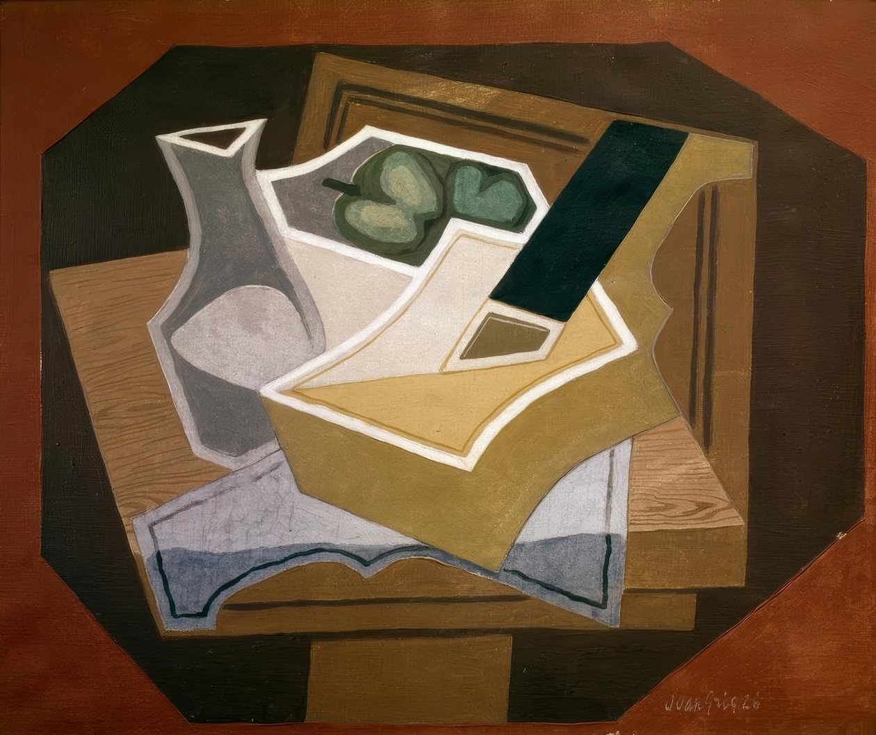 Kytara, jablka a karaffe od Juan Gris