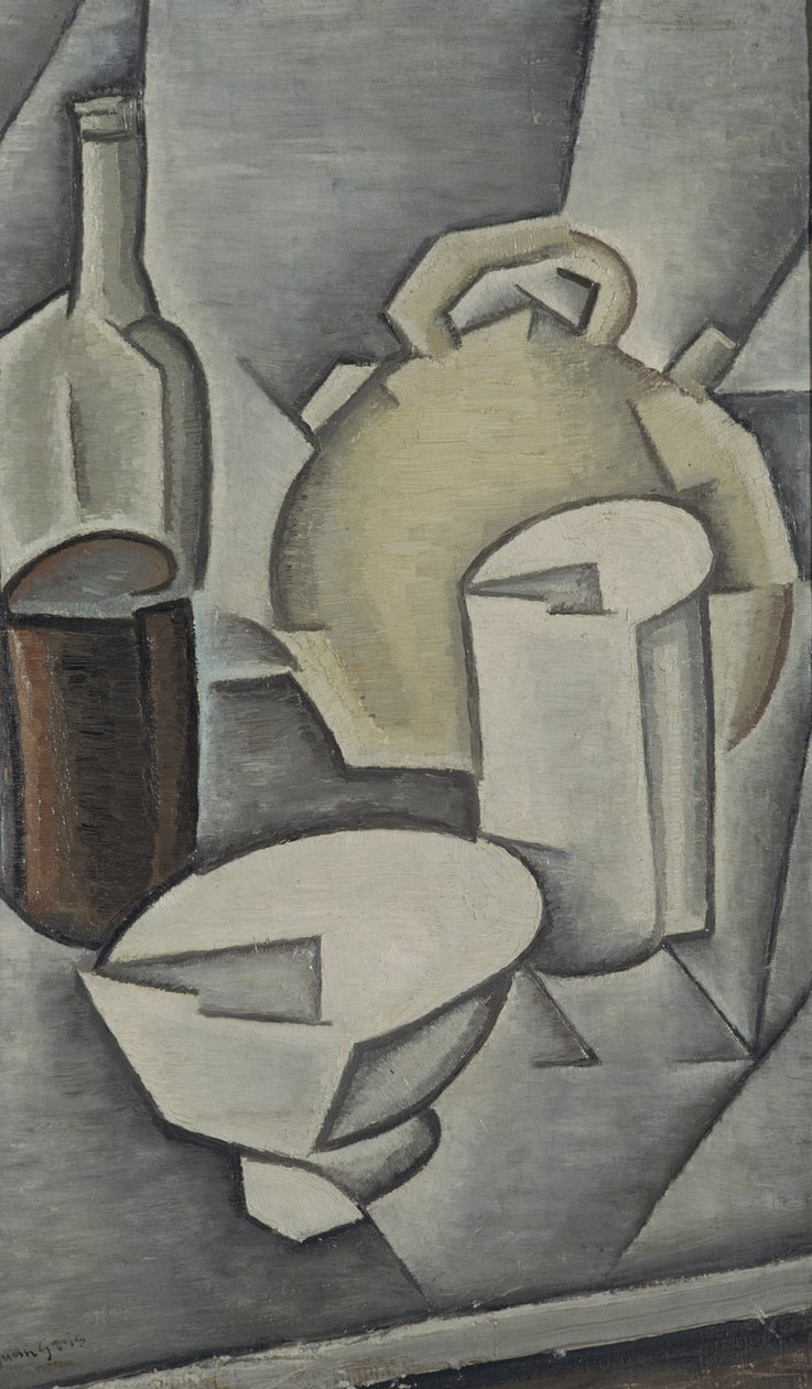 Zátiší s lahví vína a kameninovým džbánem na vodu, 1911 od Juan Gris