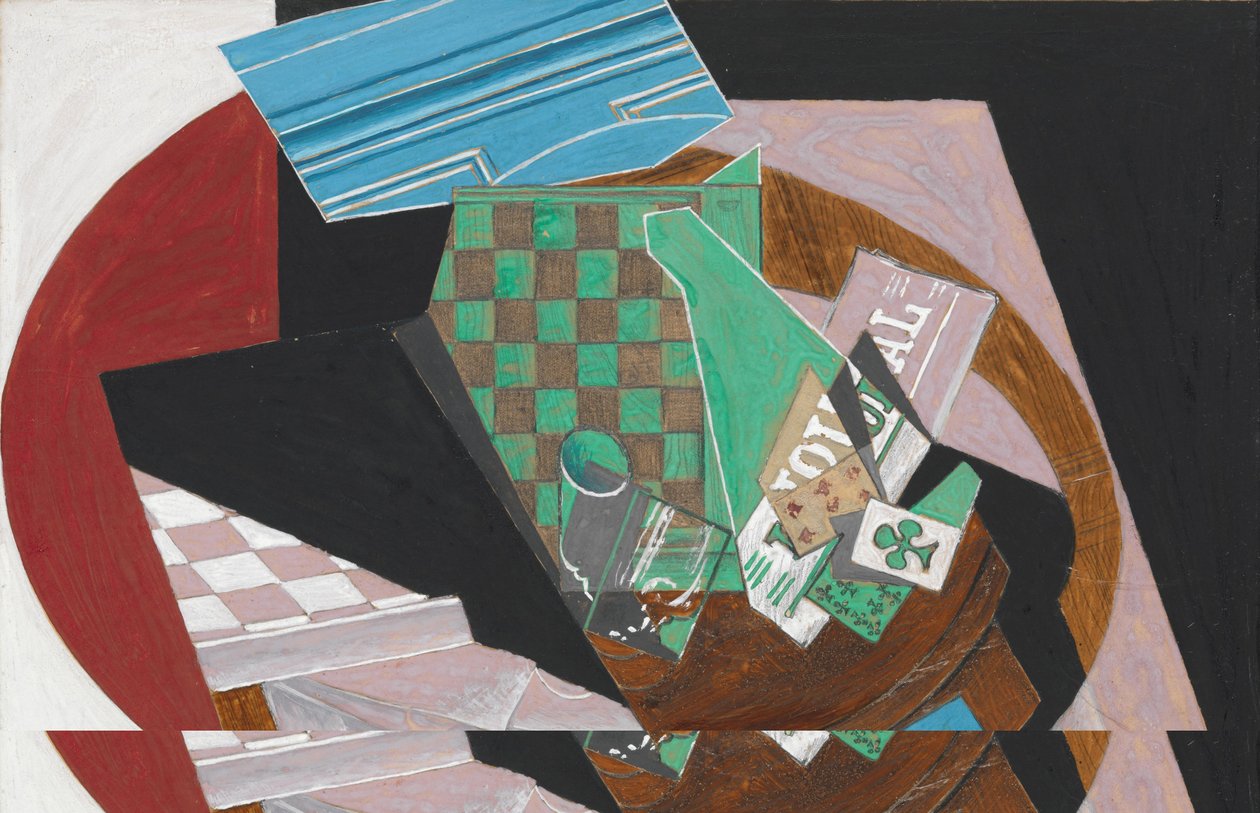 Šachovnice a hrací karty, 1915 (kvaš, grafit a pryskyřice na krémově zbarveném tkaném papíře, připevněné na karton) od Juan Gris