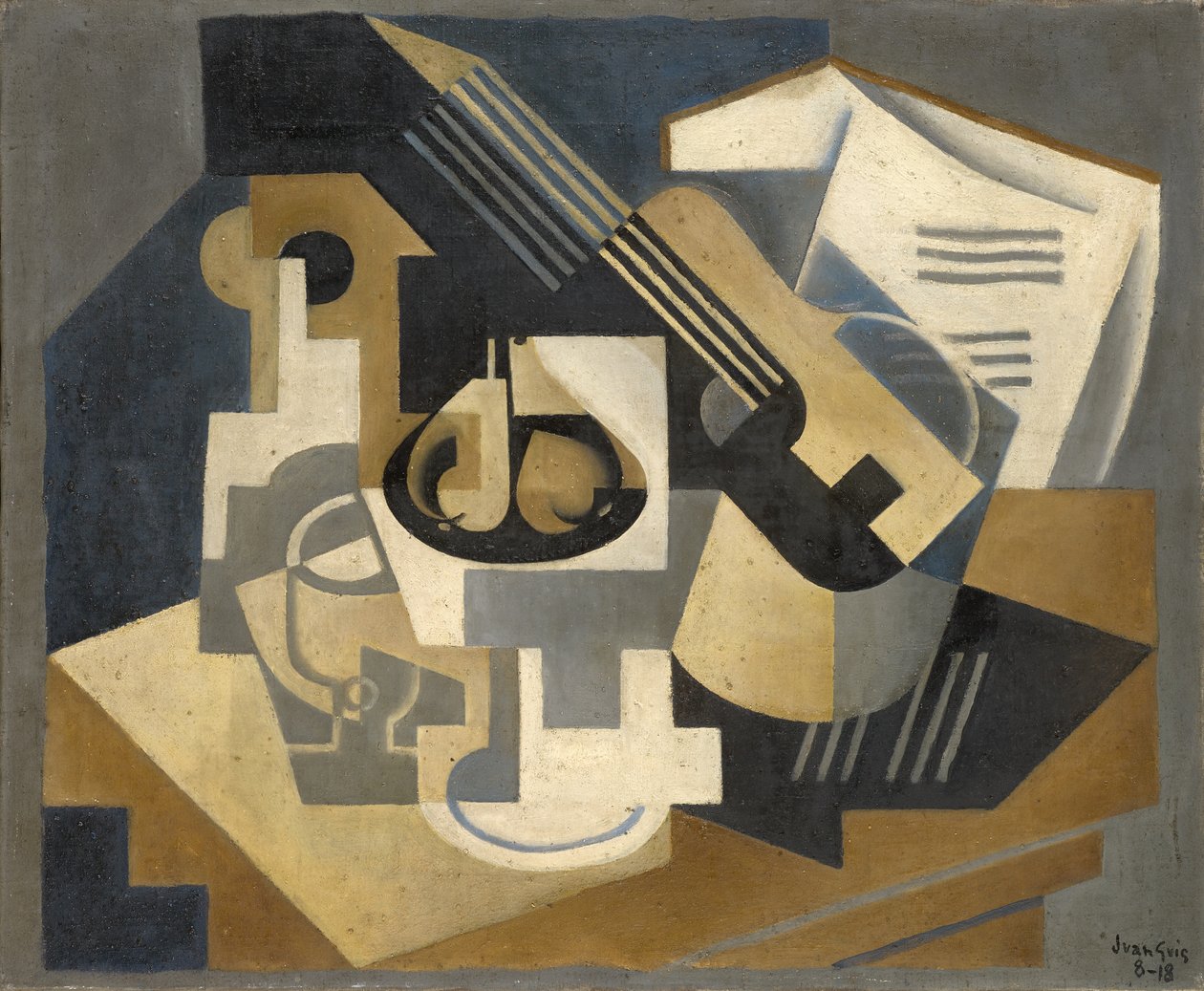 Kytara a mísa na ovoce na stole od Juan Gris
