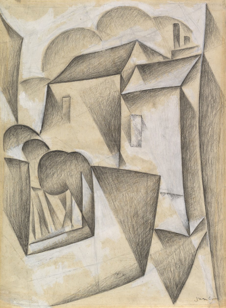 Domy v Paříži, Place Ravignan, 1911 (černá křída a kvaš na bílém papíře) od Juan Gris