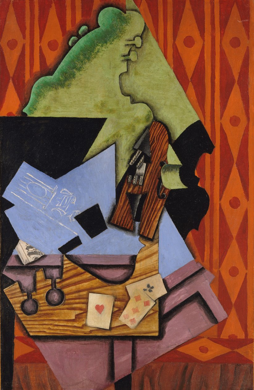 Housle a hrací karty na stole, 1913 od Juan Gris