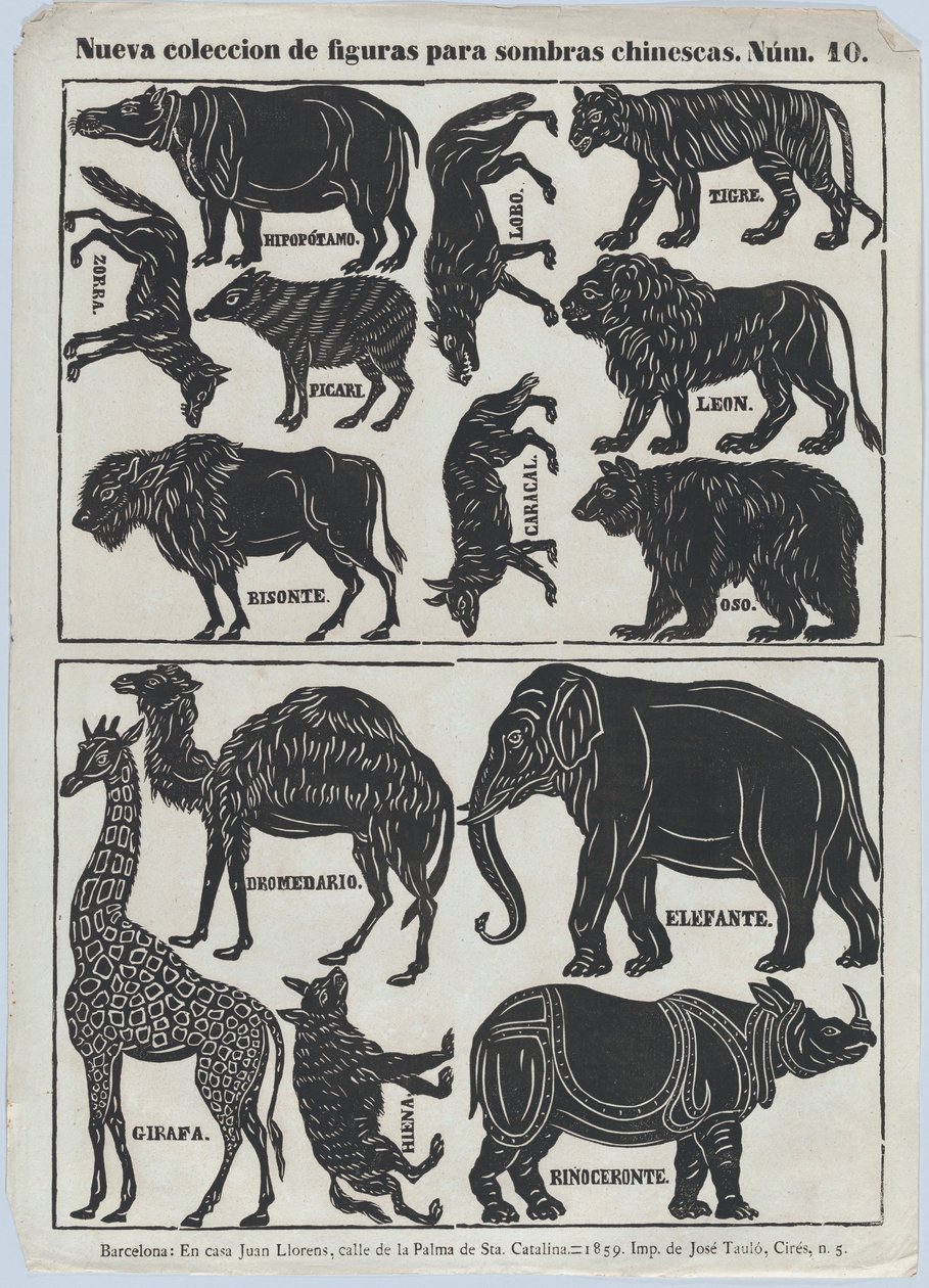 List 10 figurek pro čínské stínové loutky, 1859. od Juan Llorens