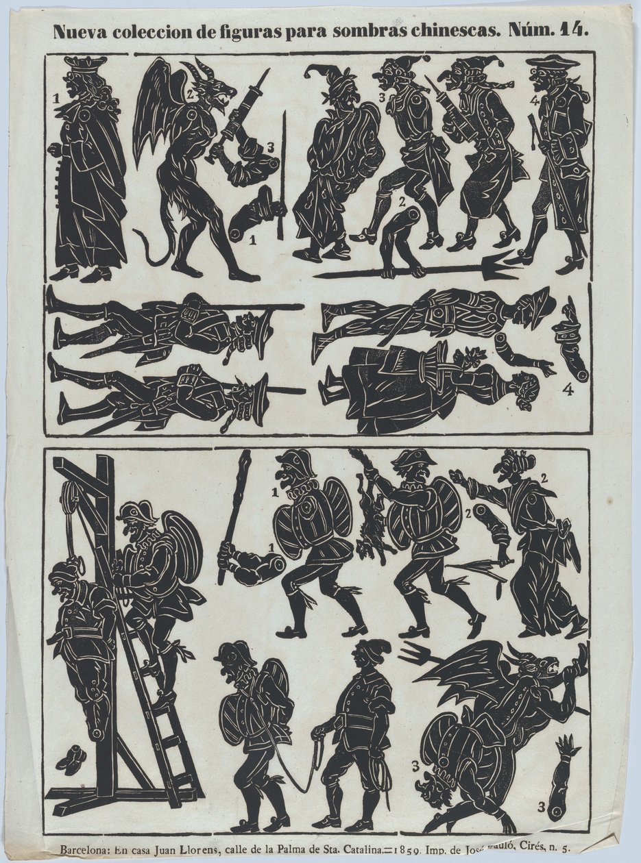List 14 figurek pro čínské stínové loutky, 1859. od Juan Llorens