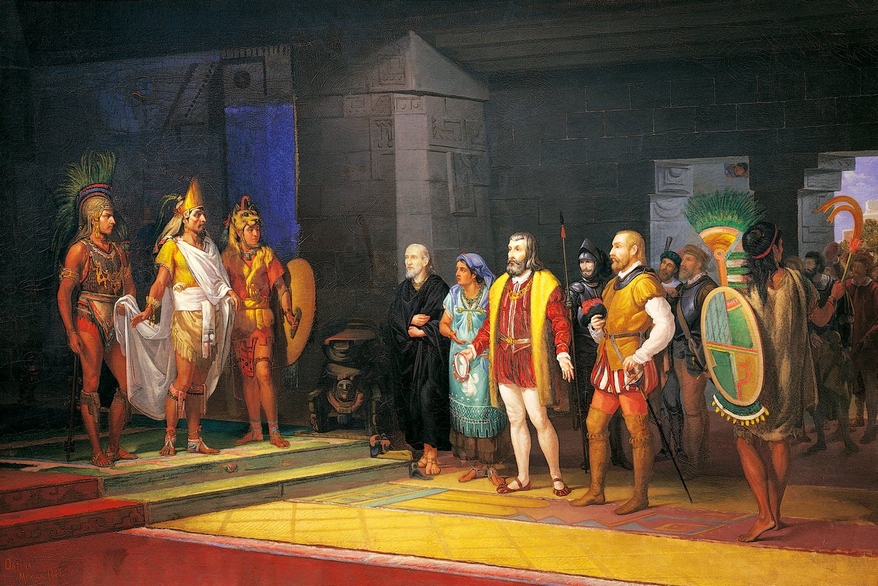 Setkání Hernana Corteze s Montezumou v Mexiku od Juan Ortega