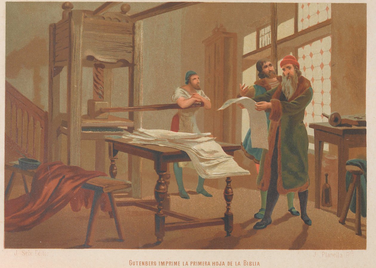 Gutenberg tiskne první stránku Bible. Od: Věda a její muži, od Juan Planella y Rodríguez
