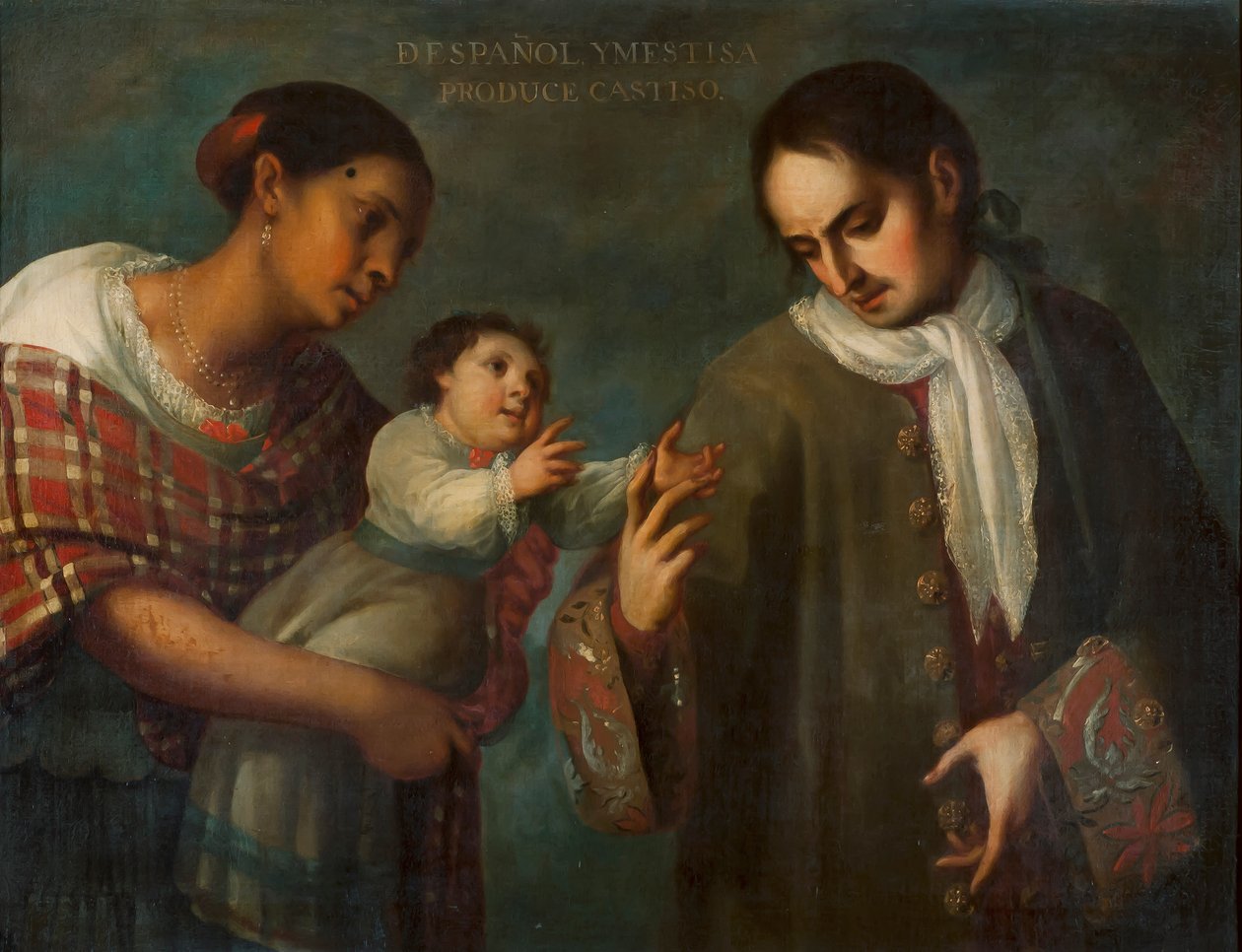 Španěl a mestizská žena se svým dítětem, „Castizo“. od Juan Rodríguez Juárez