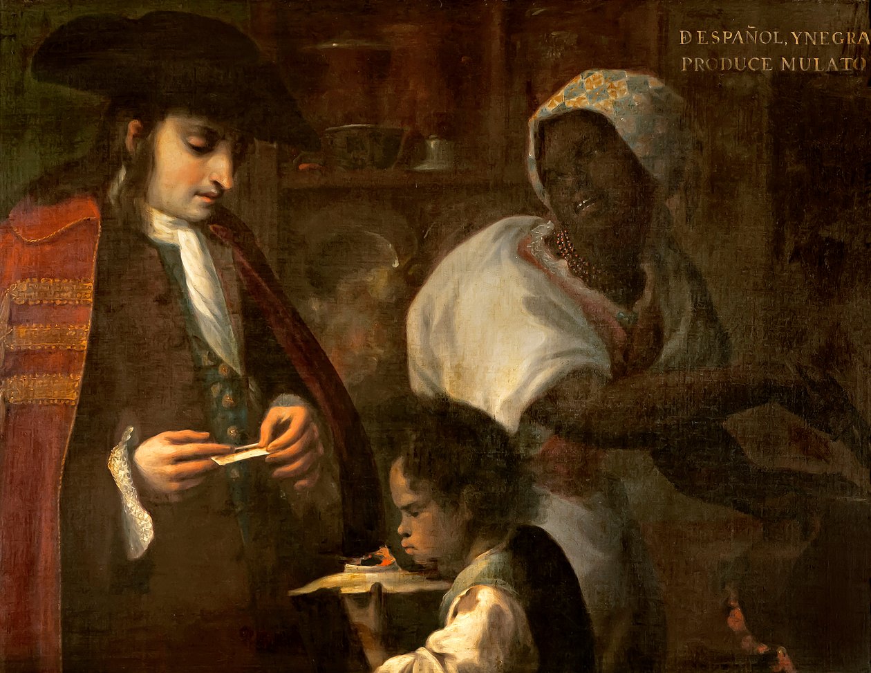 Španěl a černý produkují mulata, kolem roku 1715 od Juan Rodríguez Juárez