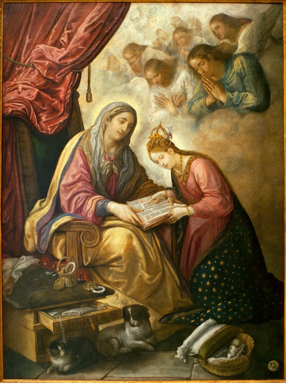 Svatá Anna se učí číst Panně - Obraz Juana de Roelase (asi 1558/1560-1625), olej na plátně, ca. 1615 - Muzeum výtvarného umění v Seville, Španělsko od Juan de Roelas