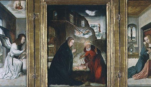 Triptych Narození Krista s Narozením lemovaný Zvěstováním (panel) (viz také 82427) od Juan de (school of) Flandes