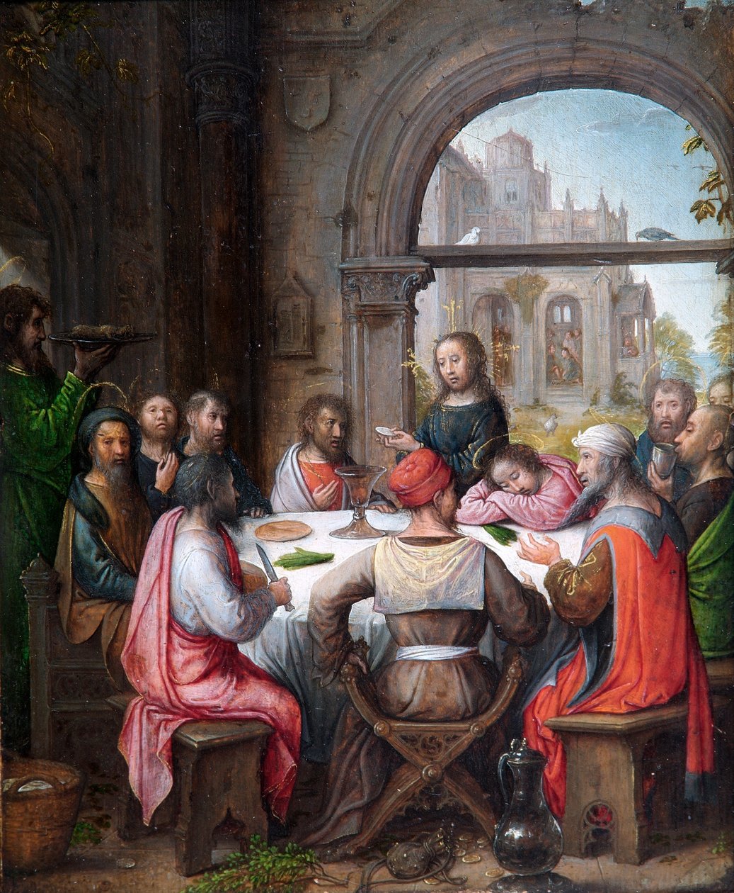 Viimeinen ehtoollinen, Eukaristian perustaminen ja Kristus pesee opetuslasten jalkoja (öljy tammilevylle) od Juan de (school of) Flandes