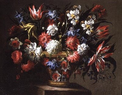 Zátiší z tulipánů, narcisů a dalších květin v košíku od Juan de Arellano