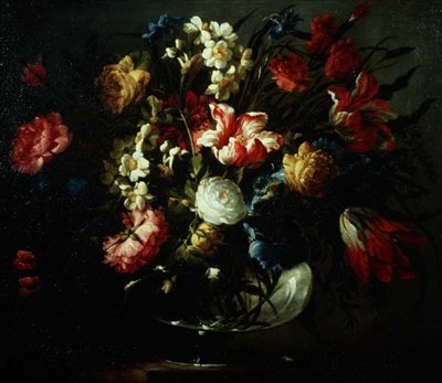 Tulipány, karafiáty a narcisy ve skleněné váze od Juan de Arellano
