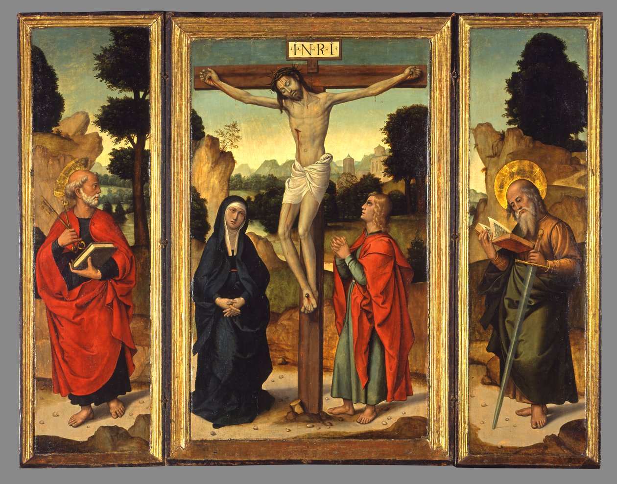 Ukřižování s Pannou Marií a svatými Janem Evangelistou, Petrem a Pavlem, kolem 1520-1540 od Juan de Borgoña