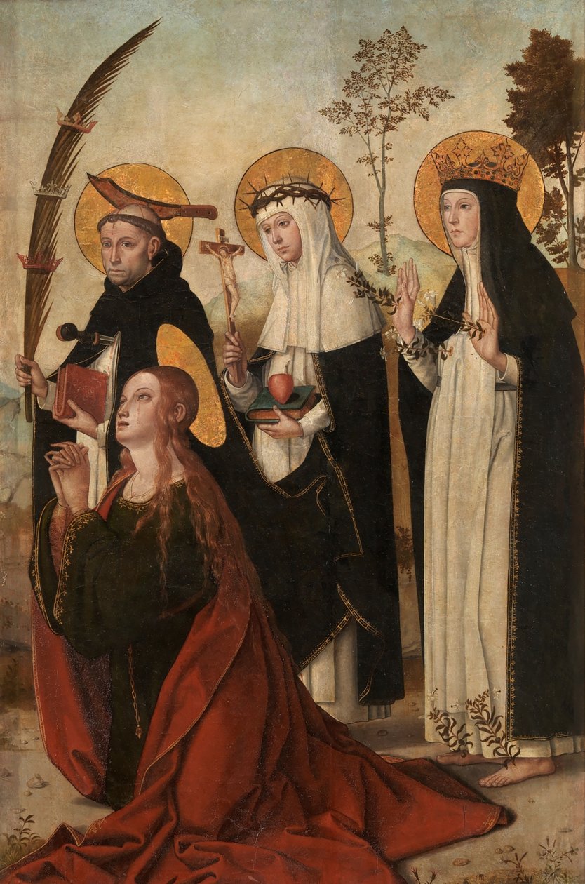 Marie Magdaléna, Petr z Verony, Kateřina Sienská a Markéta Uherská. od Juan de Borgoña