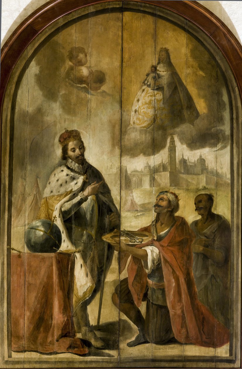 Ferdinand III de Castille - Kapitulace Sevilly - Rokoko: Maurský král Axataf předal klíče od města králi Ferdinandu par Espinalovi, Juanu de (1714-1783), c. 1750. Olej na dřevě, 300x200. Ayuntamiento de Sevilla od Juan de Espinal