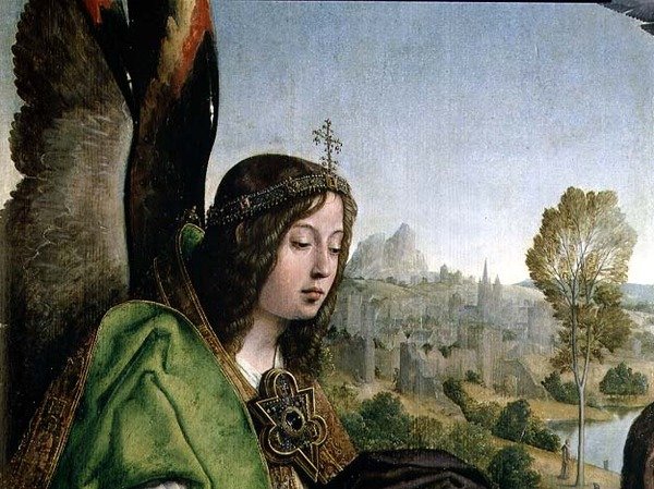 Křest Krista, detail hlavy anděla (olej na desce) od Juan de Flandes