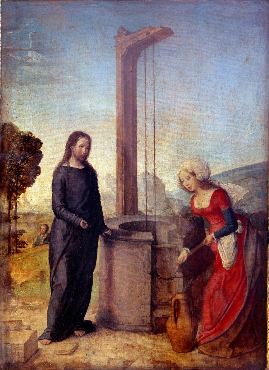 Obraz Kristus a Samaritán od Juana de Flanddes (známý z let 1496 až 1519) Sun. 0,24x0,17 m . od Juan de Flandes
