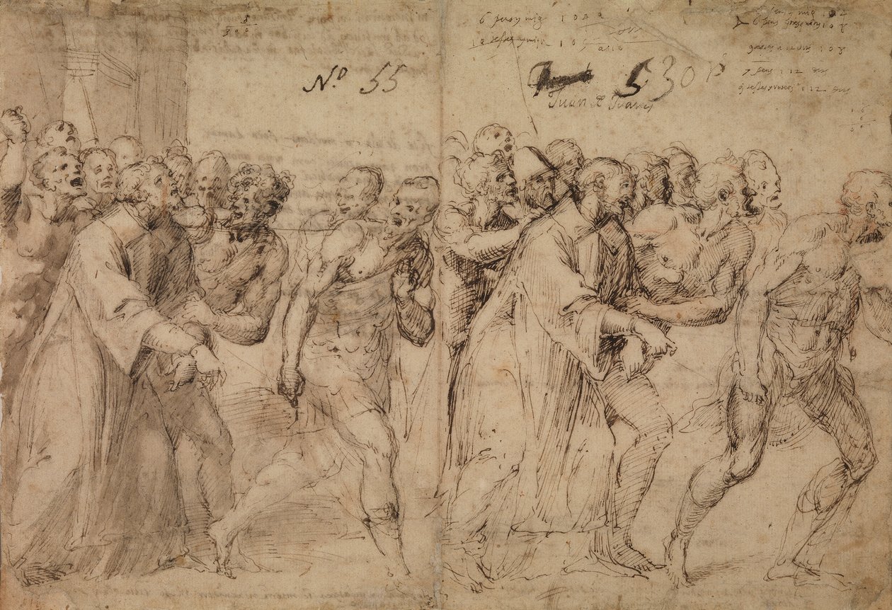 Studie pro svatého Štěpána vedeného k jeho mučednictví, 1566 (pero a hnědý inkoust, šedá barva a (později?) stopy červené křídy na papíře) (recto) od Juan de Juanes Juan de Juanes