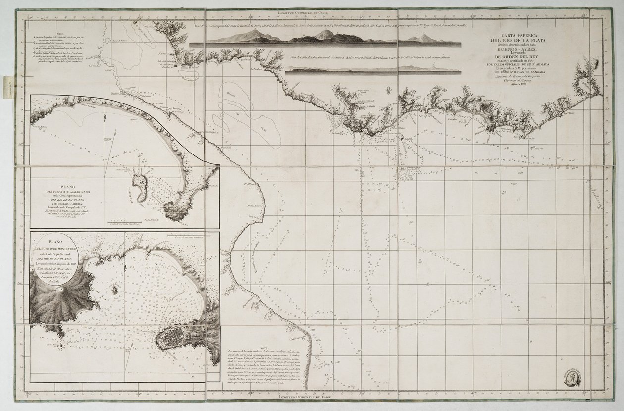 Mapa Jižní Ameriky a pobřeží Atlantiku od Juan de Langara
