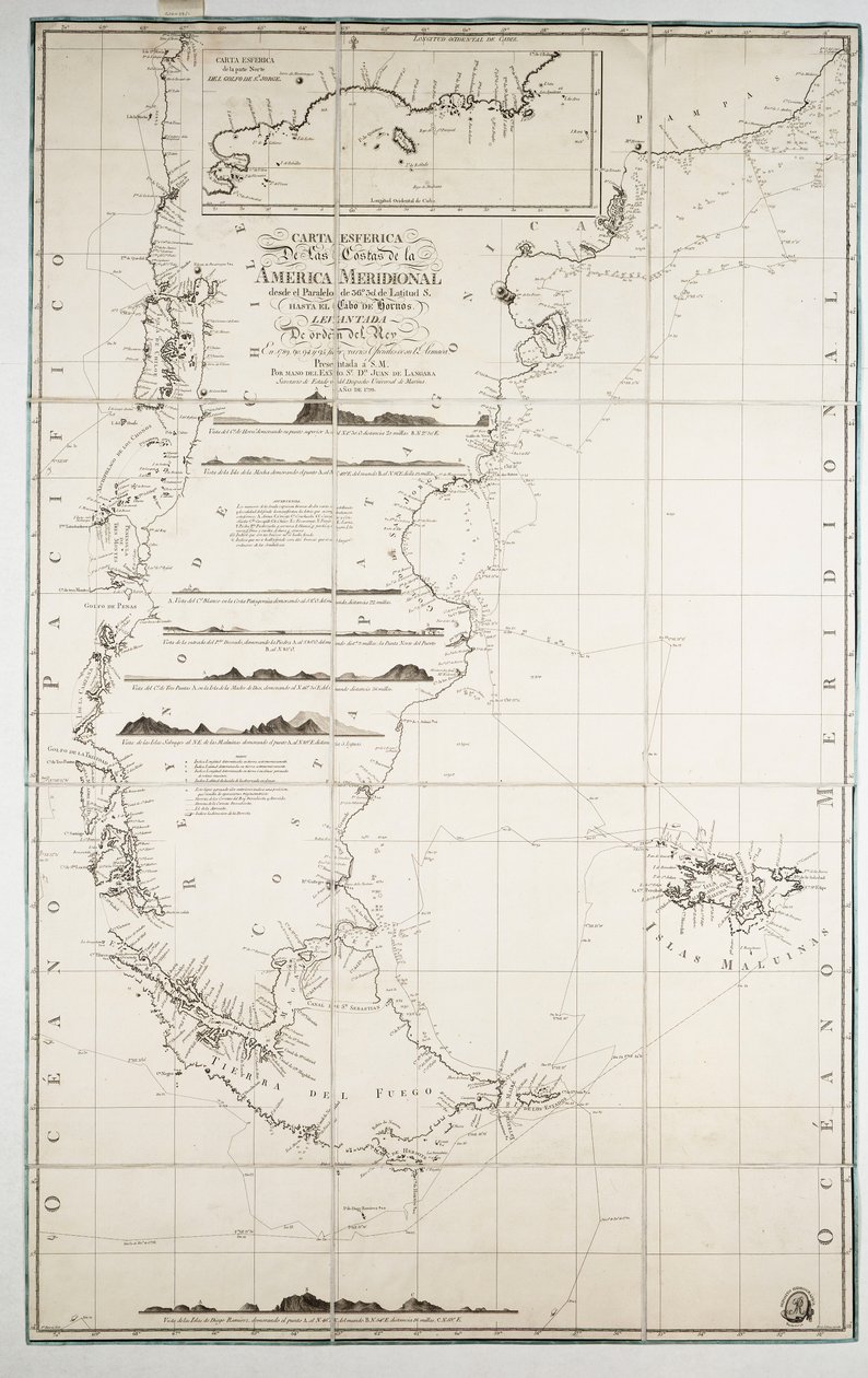 Mapa Chile, Patagonie, Ohňové země a Falklandských ostrovů, cca 1798 (rytina) od Juan de Langara