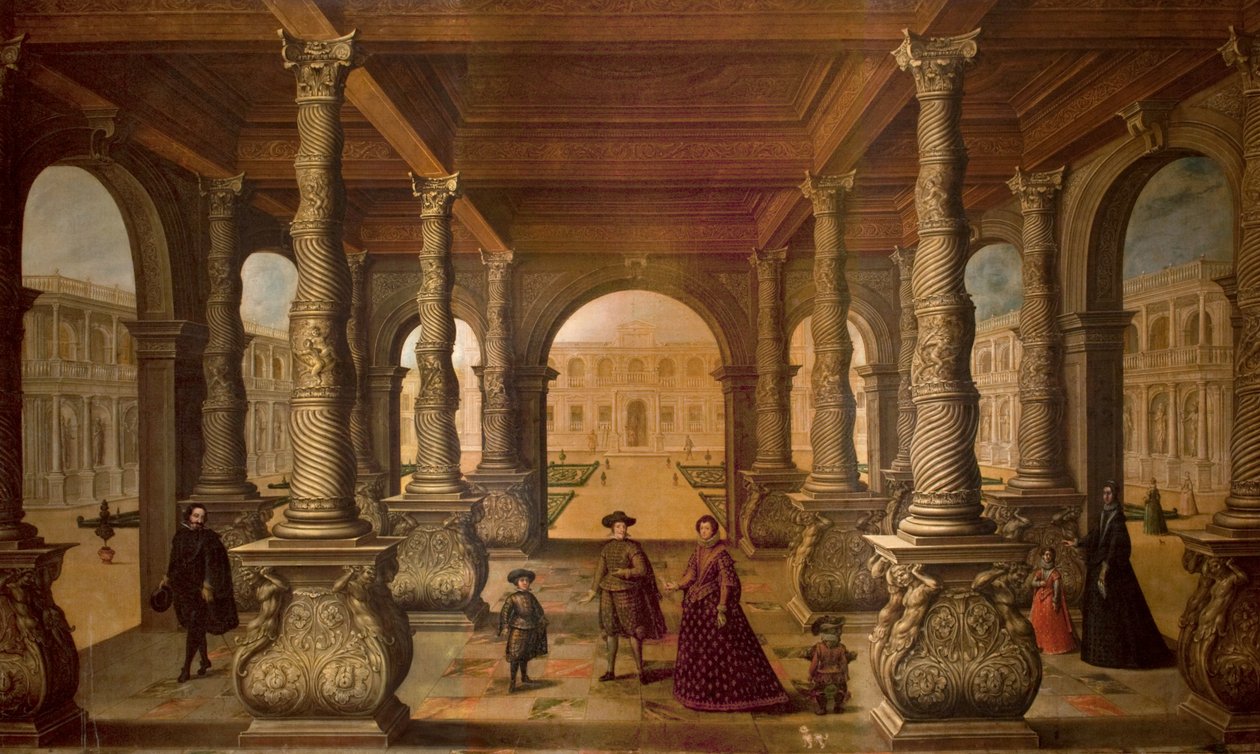 Filip IV. a jeho královna na kolonádě, kolem roku 1630 (olej na plátně) od Juan de la Corte