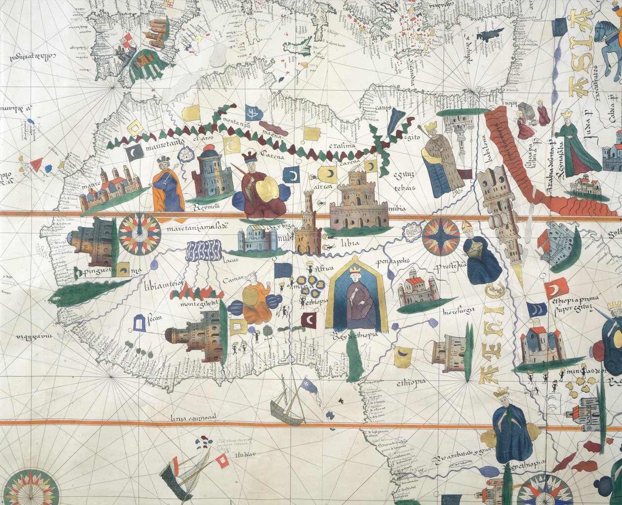 Detail Afriky a Středomoří, Juan de la Cosa, námořní mapa od Juan de la Cosa