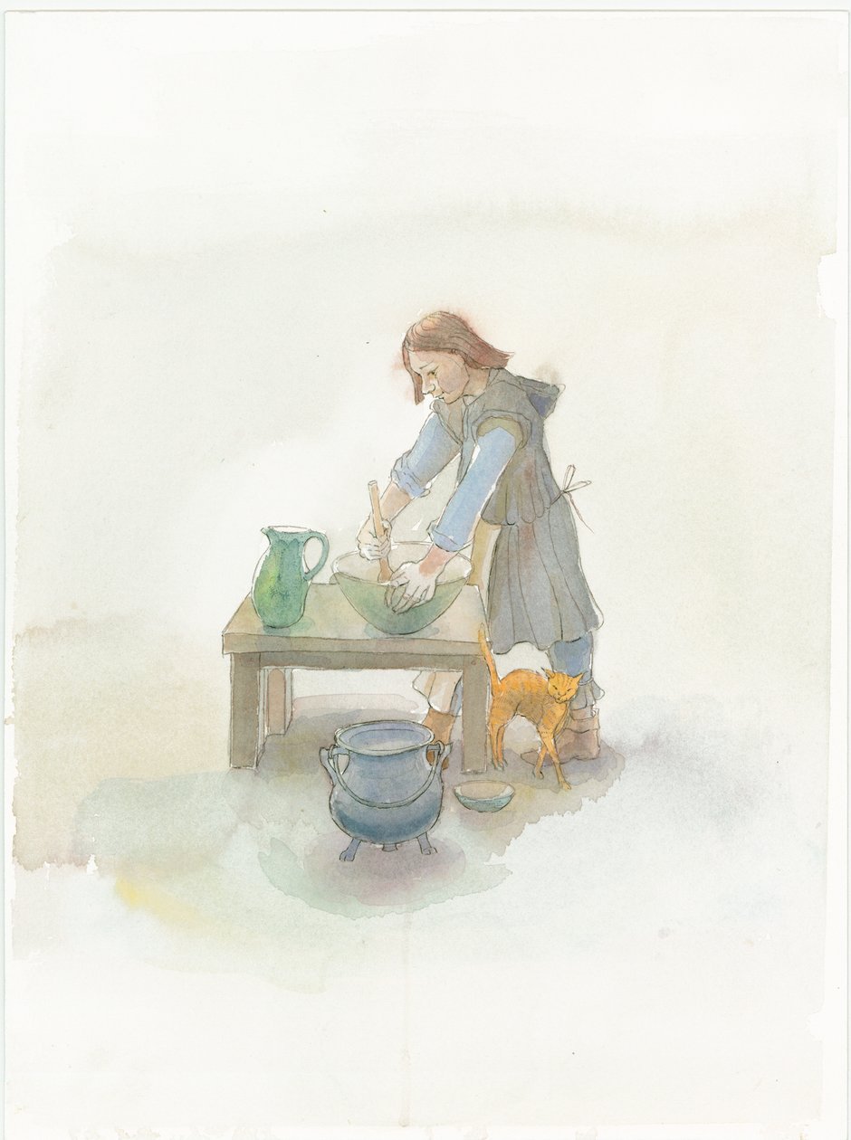 Středověký kuchař připravující jídlo, 2004. od Judith Dobie
