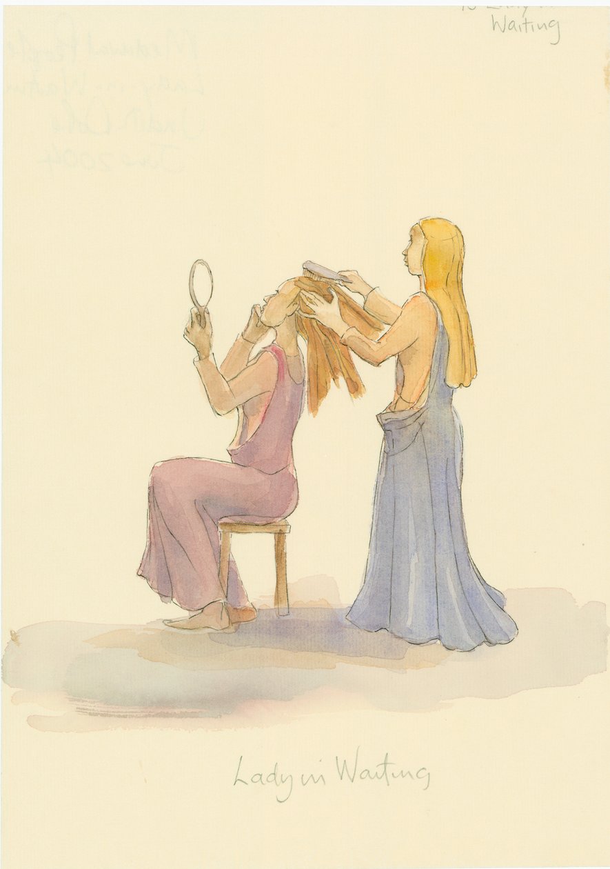 Středověká dáma v čekání, kartáčující vlasy dámy, 2004. od Judith Dobie