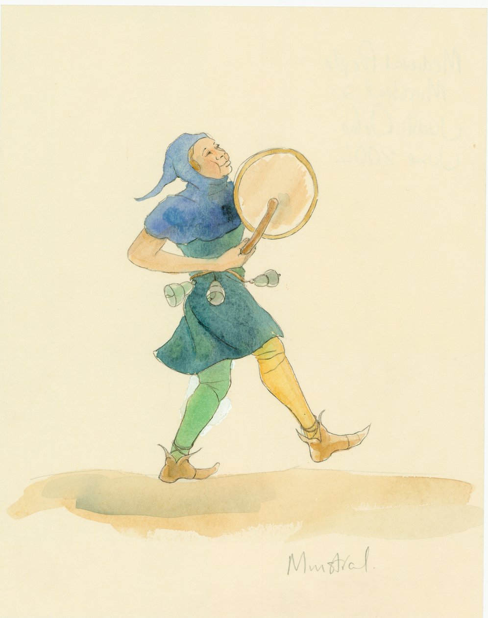 Středověký minstrel hrající na bicí nástroj, možná tabor, 2004. od Judith Dobie