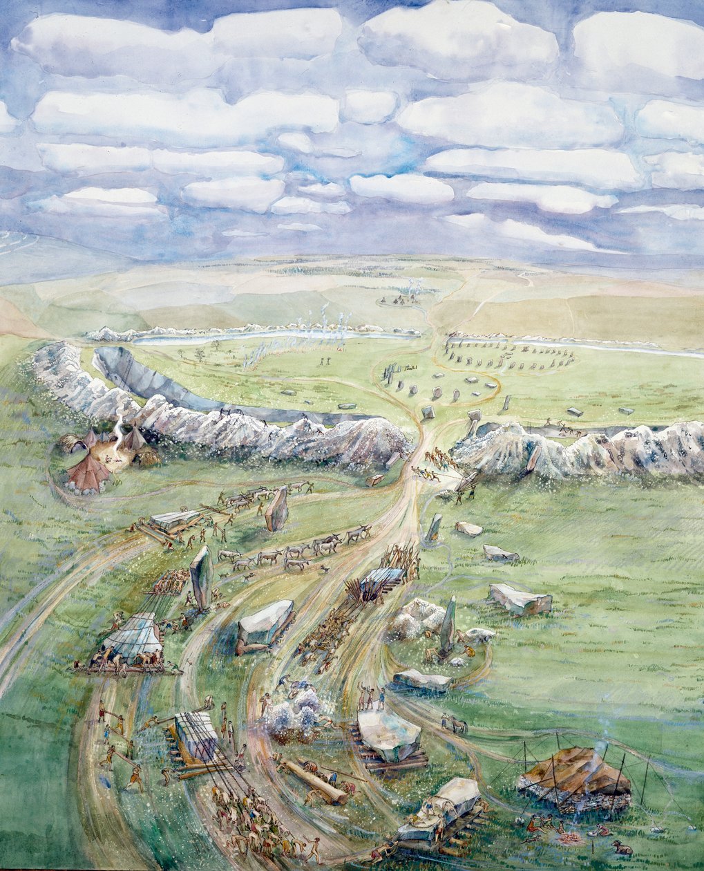 Avebury Henge ve výstavbě (akvarel na papíře) od Judith Dobie