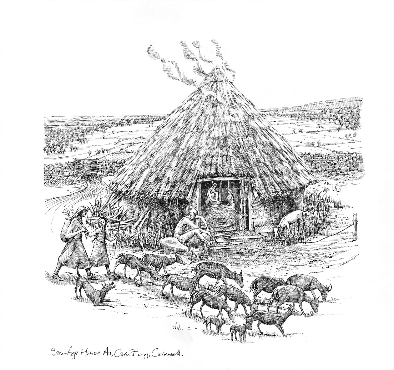 Farmáři a stádo koz mimo Roundhouse z doby železné, c1990-2010 od Judith Dobie