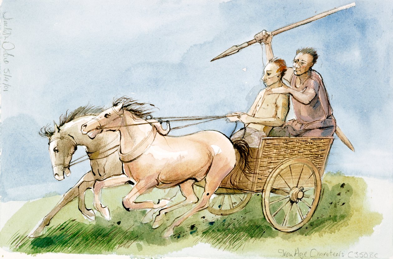 Vozatajové z doby železné kolem roku 350, 2001 (pero a akvarel na papíře) od Judith Dobie