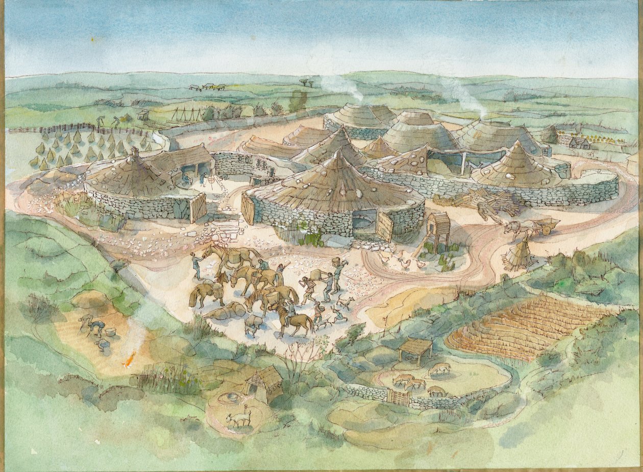 Rekonstrukce Carn Euny (akvarel na papíře) od Judith Dobie