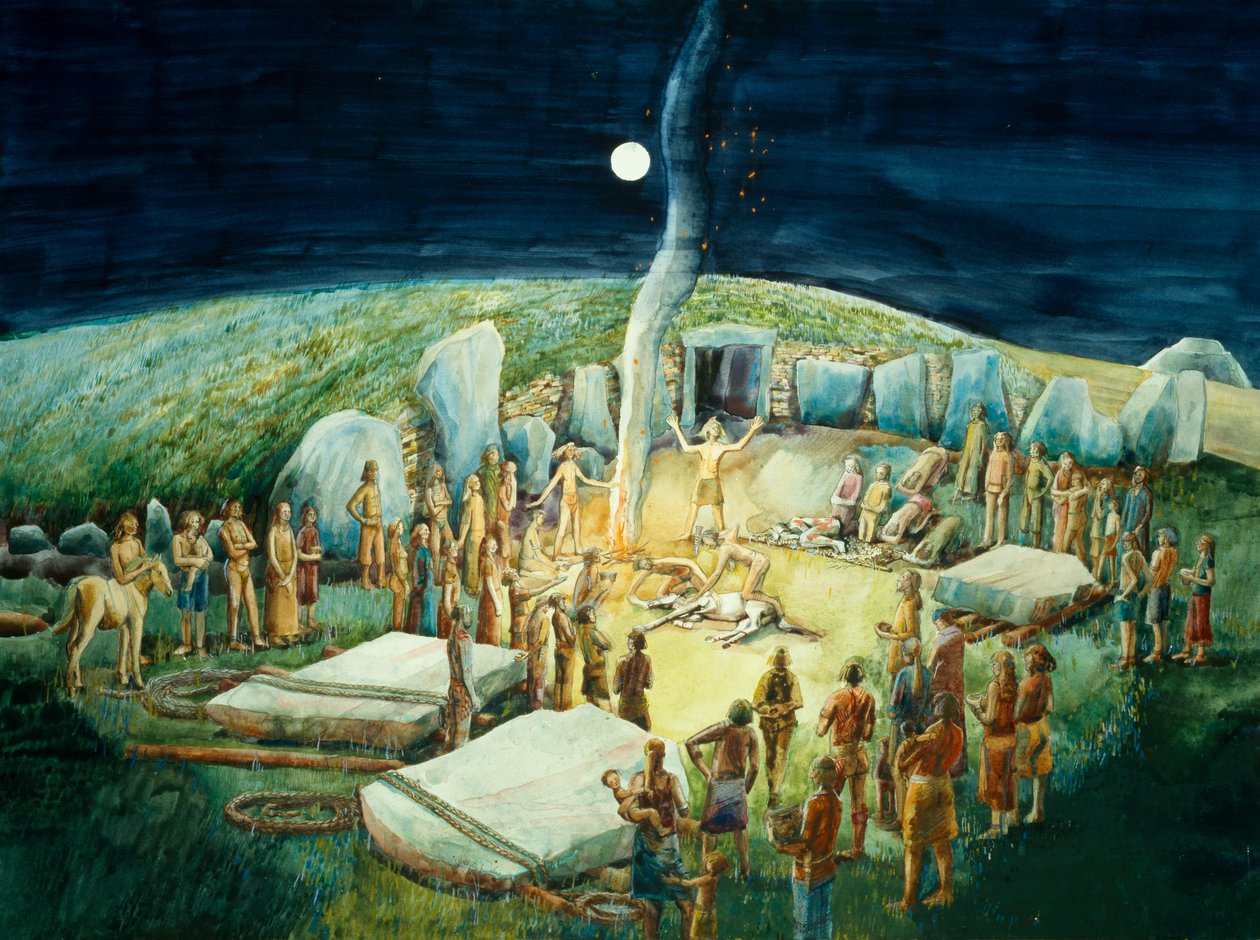West Kennet Long Barrow, neolitická rekonstrukce (akvarel na papíře) od Judith Dobie