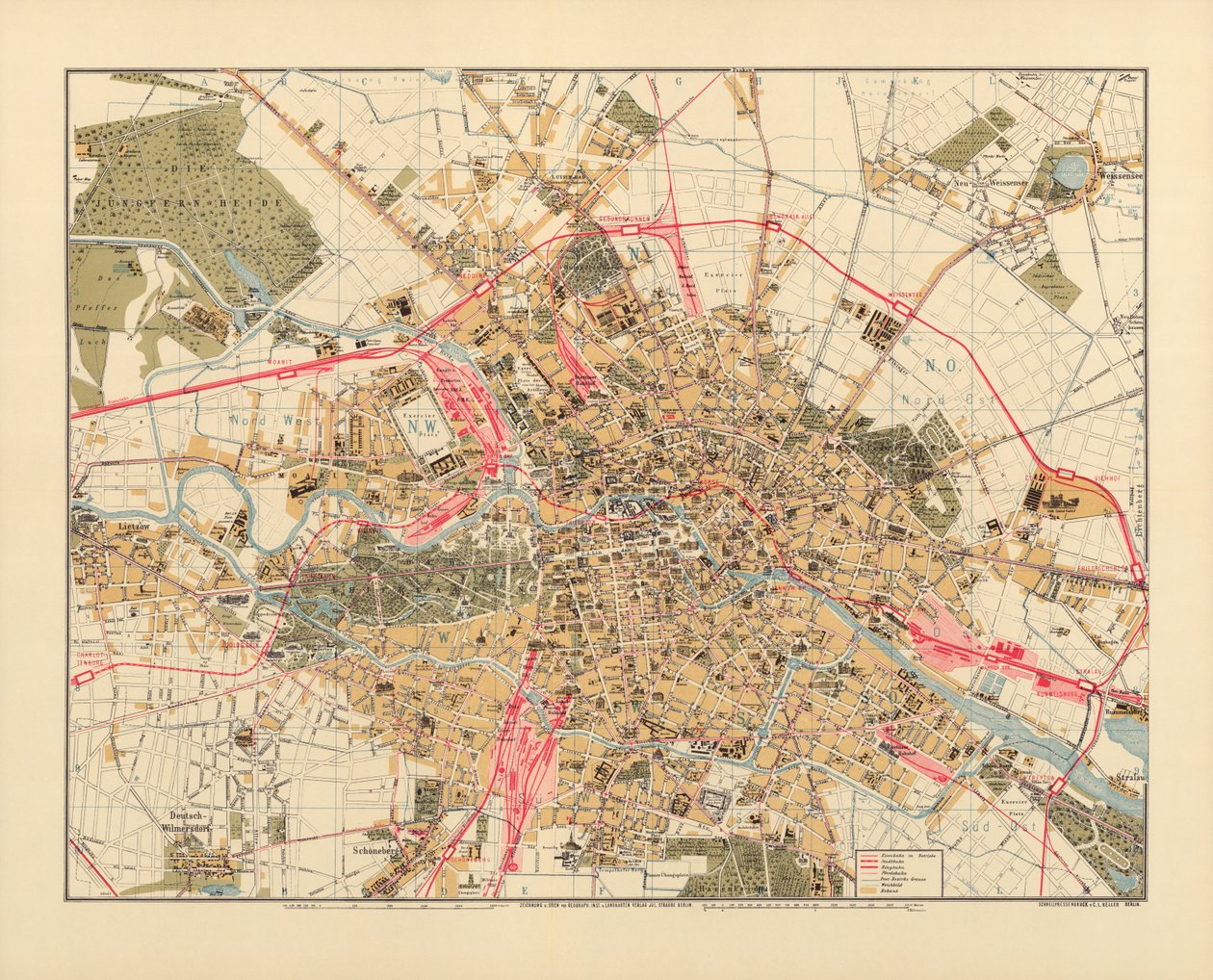 Mapa Berlína, tisk C.L. Keller, Berlín, 1890 od Jul. Straube