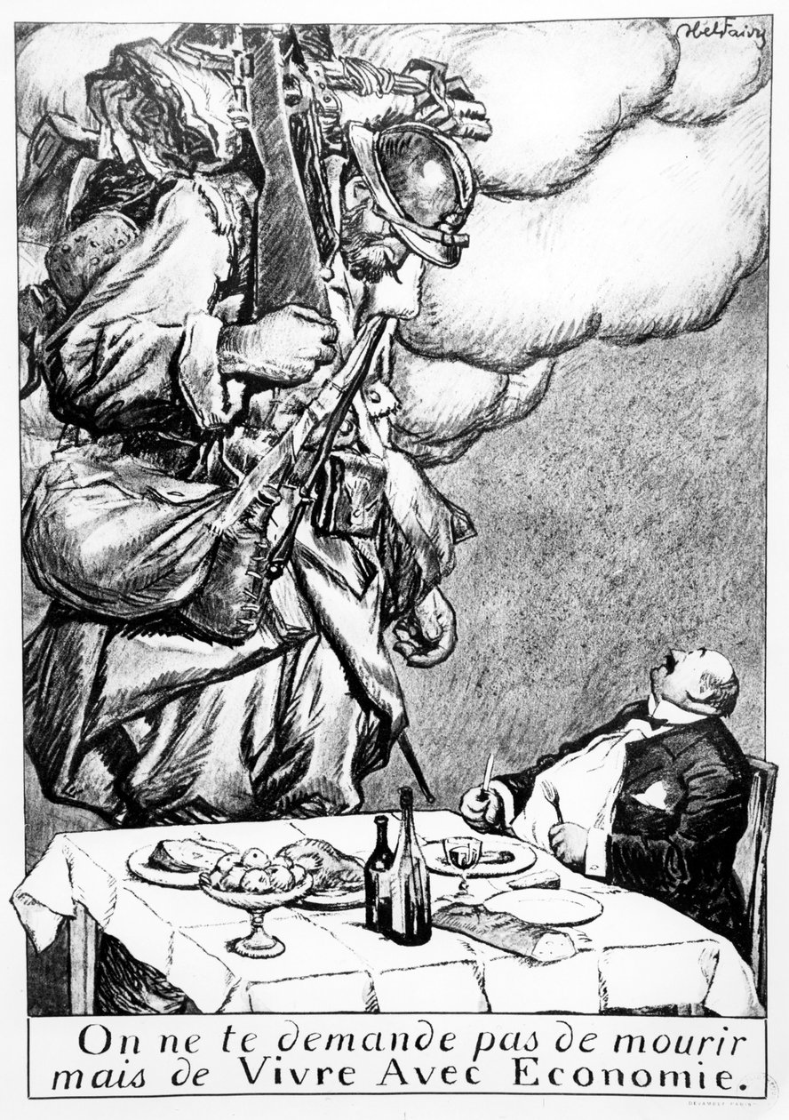 „Nežádá se po vás, abyste umírali, ale abyste byli šetrní“, karikatura válečných zisků, c. 1914-18 od Jules Abel Faivre