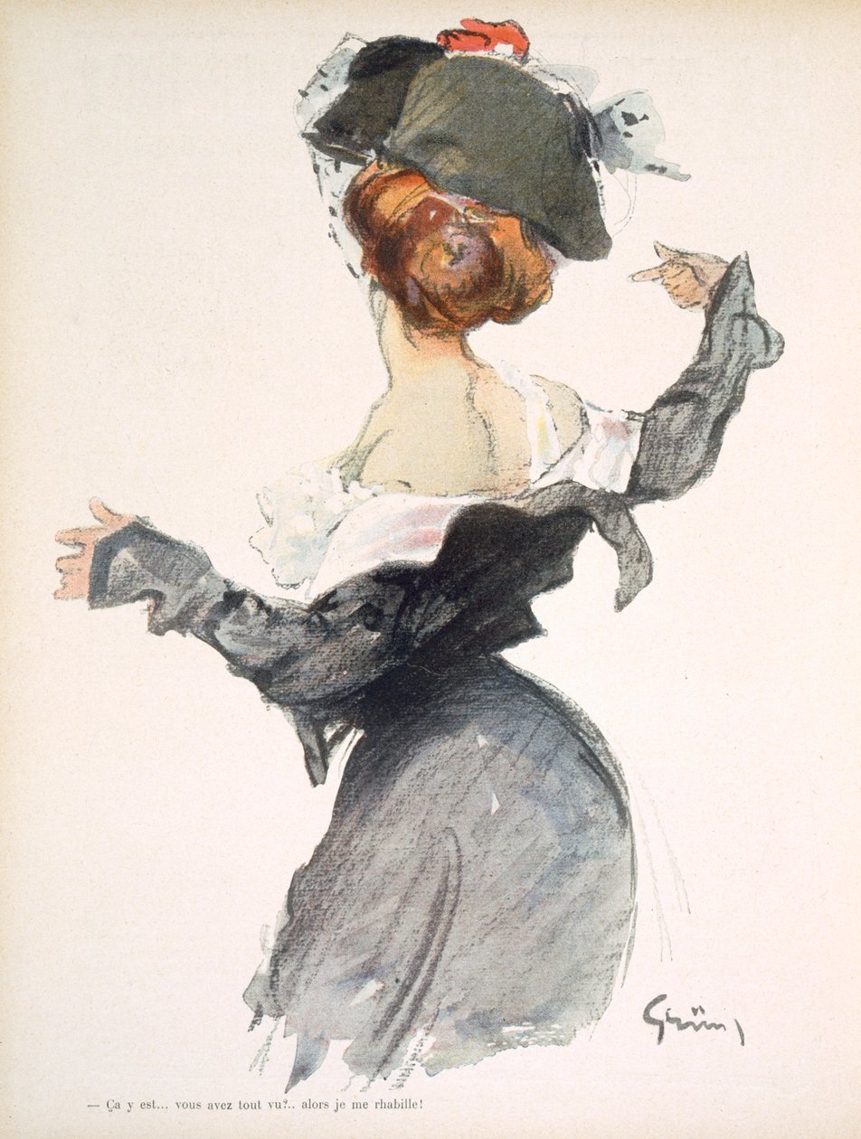 Karikatura ženy předvádějící za první světové války spěšný striptýz z knihy "La Baionnette", 1915. od Jules Alexandre Gruen or Grun
