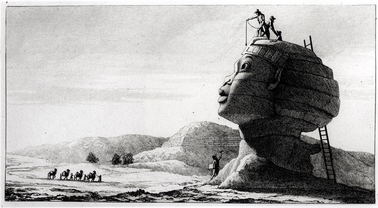 Francouzi měřící sfingu, z Voyage en Egypte od Dominique Vivanta Denona (1747-1825), vyryto Deparcem, 1802 (černobílá fotografie) od Jules Alfred Vincent Rigo