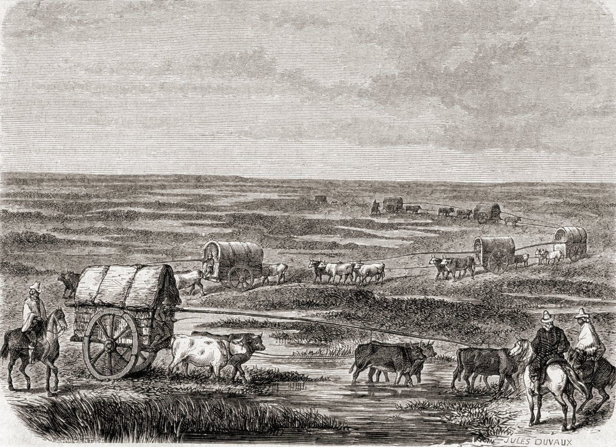 Vagónový vlak na argentinských pampách v 60. letech 19. století, vyrytý Alfredem Louisem Sargentem (nar. 1828) od Jules Antoine Duvaux