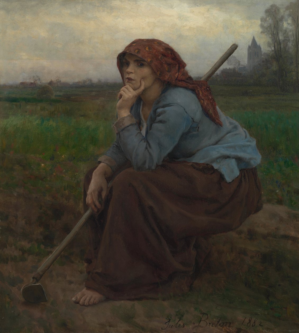 Mladá rolnická dívka s motykou od Jules Breton