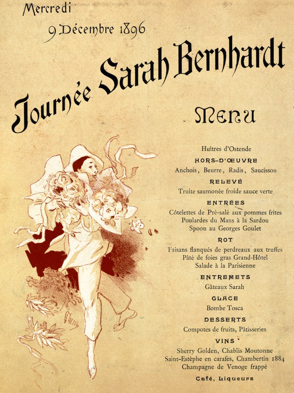 Středa 9. prosince 1896, Journee Sarah Bernhardt, jídelní lístek, 1896 (viz také 245010) od Jules Cheret